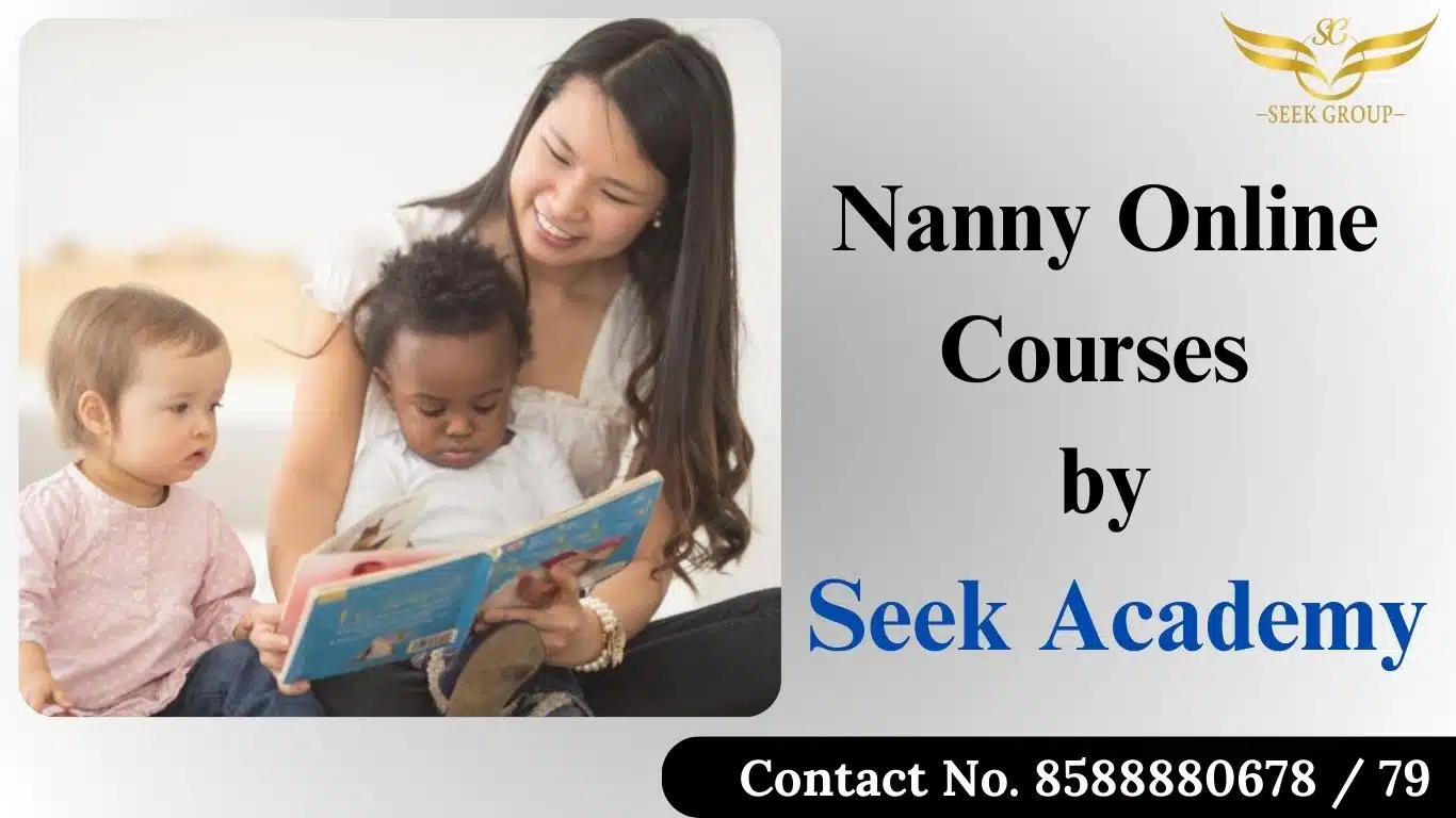 A smiling nanny reading a book to two toddlers, promoting nanny online courses by Seek Academy