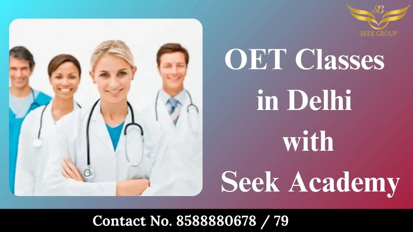 Group of smiling healthcare professionals in white coats with stethoscopes, promoting 'OET Classes in Delhi with Seek Academy.